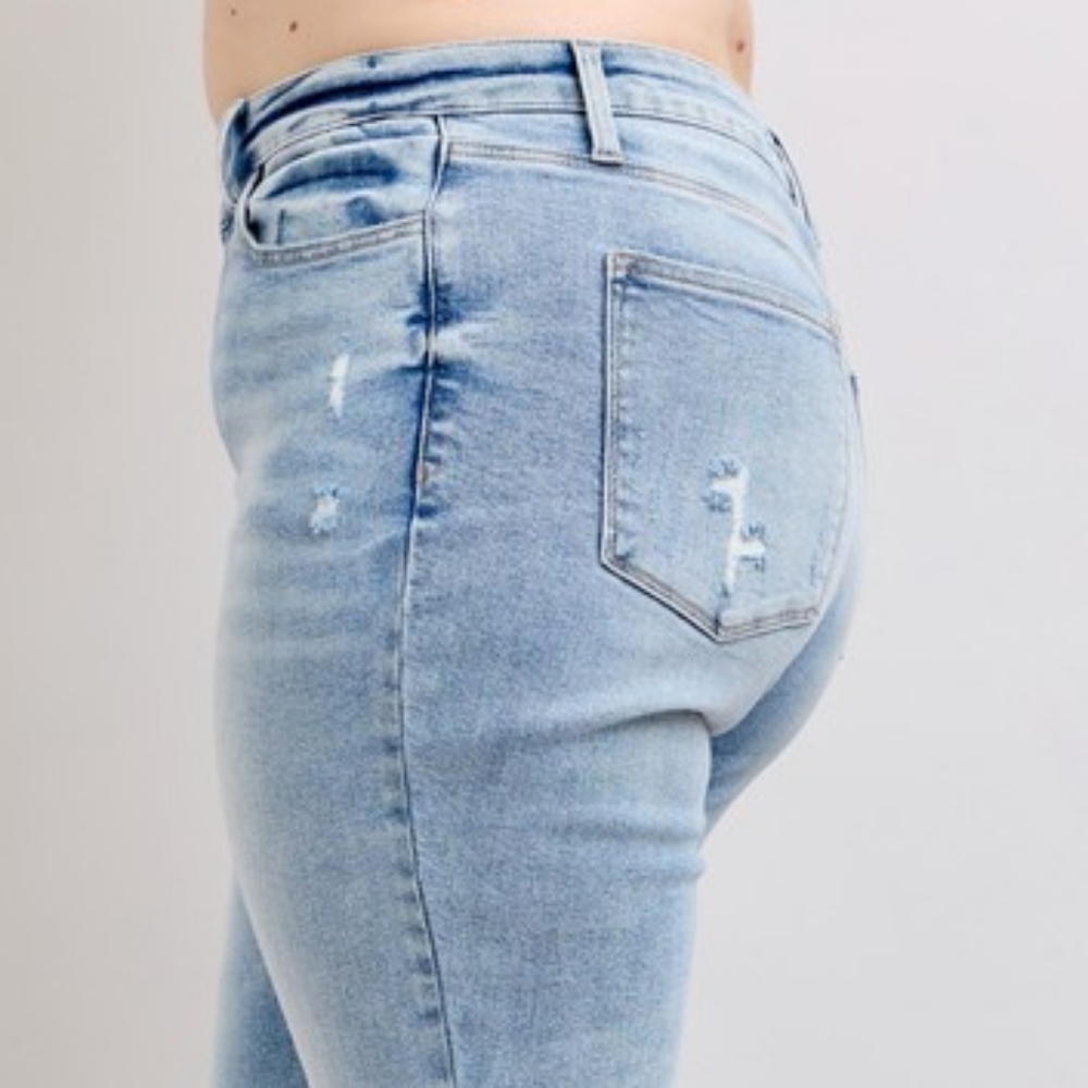 Judy Blue Mid-Rise Relax Dad Straight Leg Distressed Jeans Raw Hem Denim Pants - Picture 6 of 16